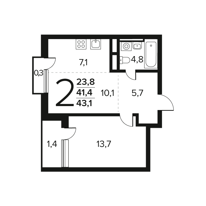 2 ккв (Евро) 43,1 м²