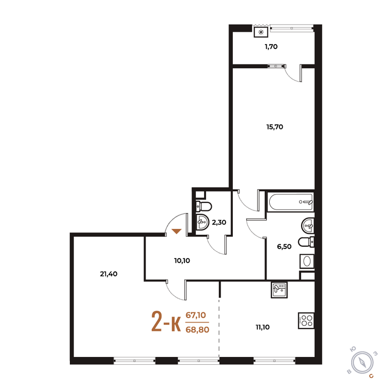2 ккв (Евро) 68,8 м²