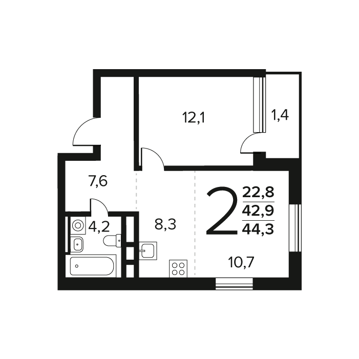 2 ккв (Евро) 44,3 м²