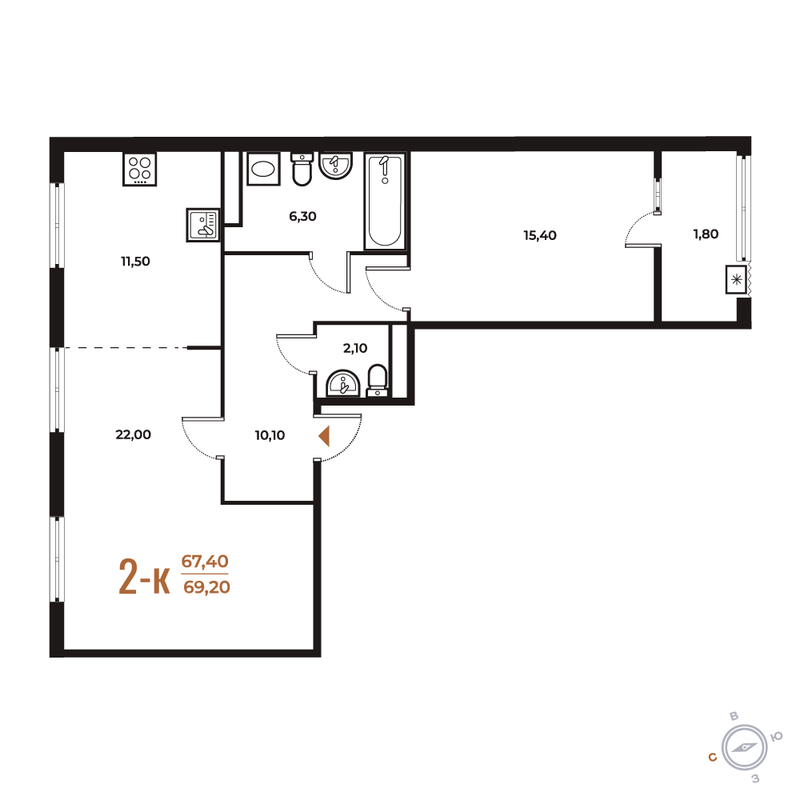 2 ккв (Евро) 69,2 м²