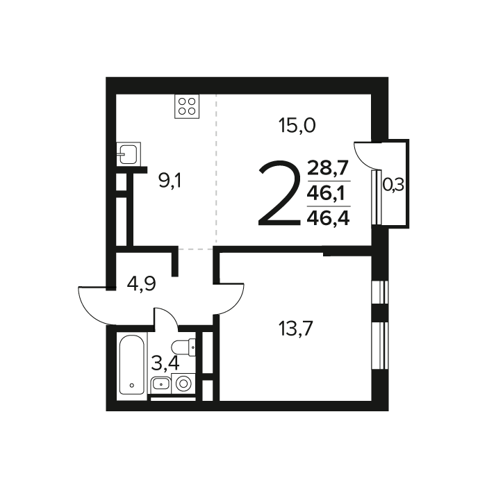 2 ккв (Евро) 46,4 м²