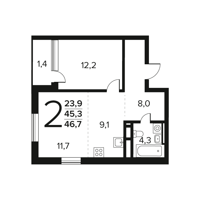 2 ккв (Евро) 46,7 м²