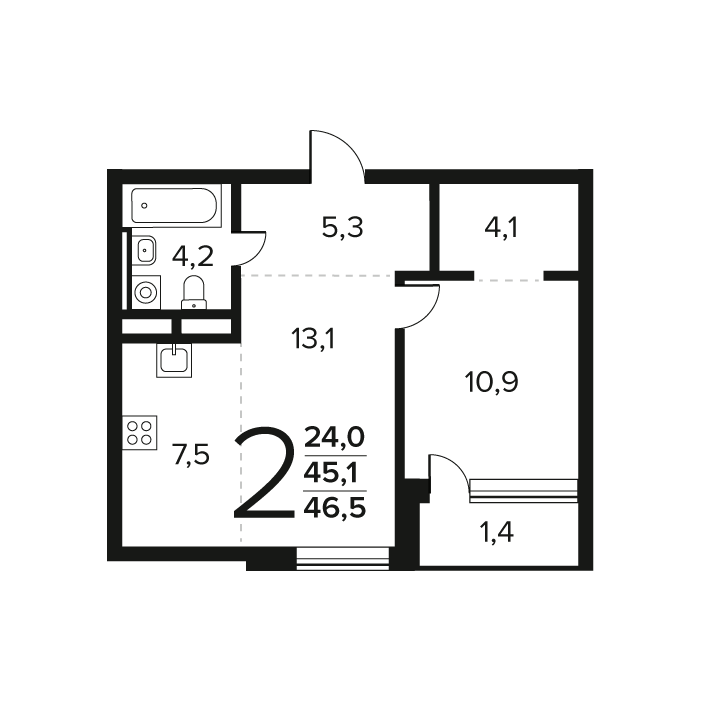2 ккв (Евро) 46,5 м²