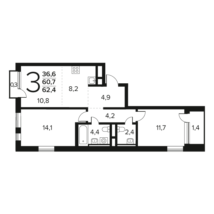 3 ккв (Евро) 62,4 м²