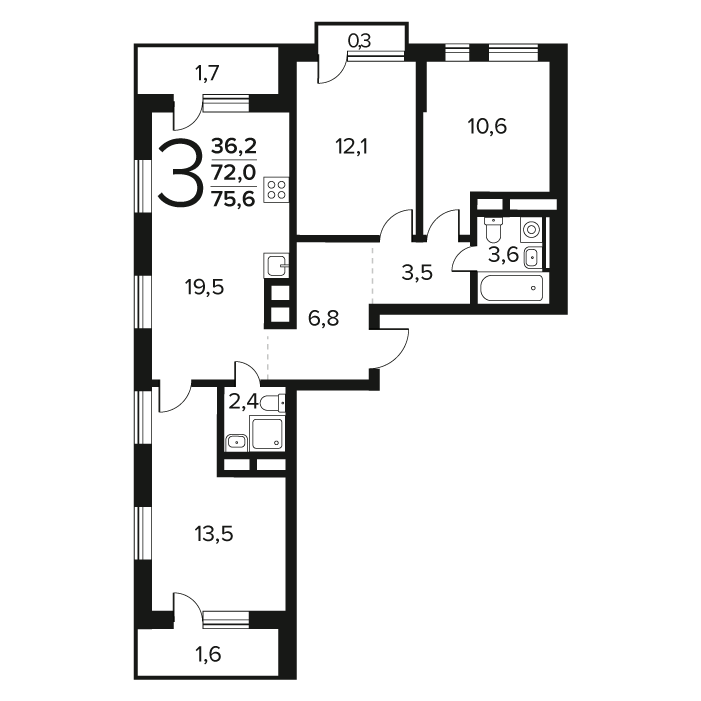 4 ккв (Евро) 75,6 м²