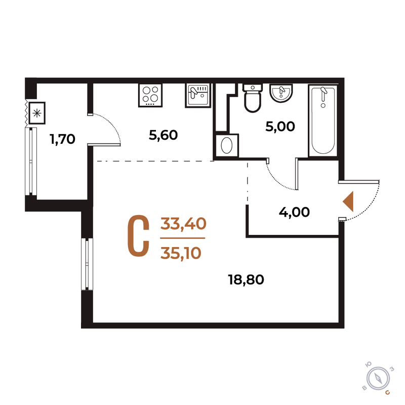 Студия 35,1 м²