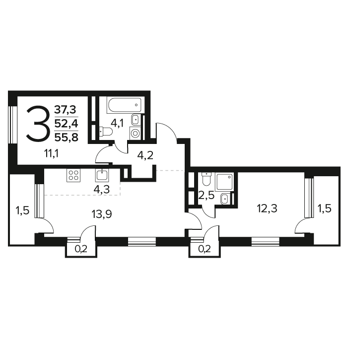 3 ккв (Евро) 55,8 м²
