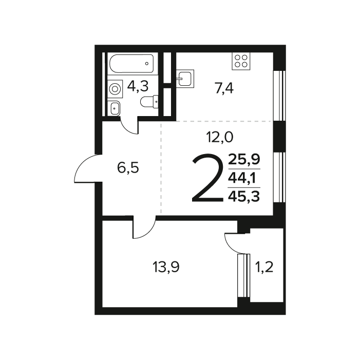 2 ккв (Евро) 45,3 м²