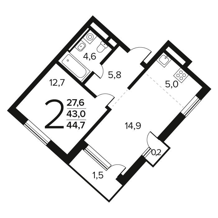 2 ккв (Евро) 44,7 м²