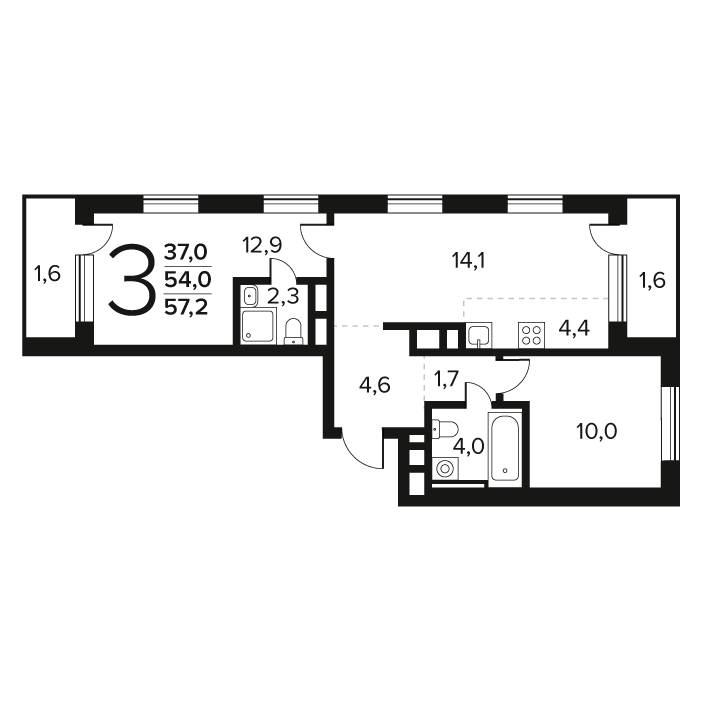 3 ккв (Евро) 57,2 м²