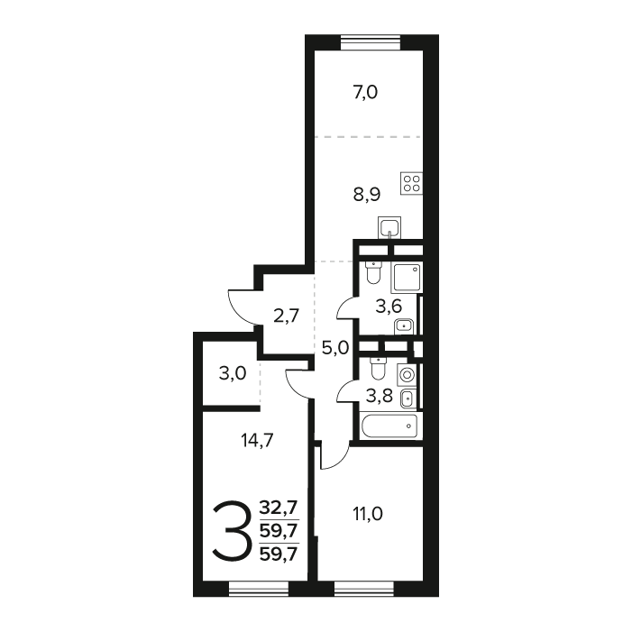 3 ккв (Евро) 59,7 м²