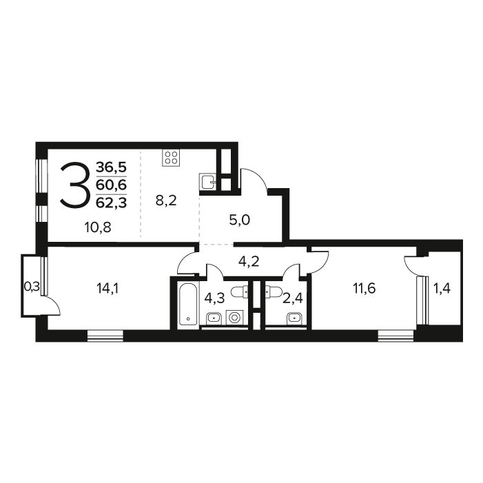 3 ккв (Евро) 62,3 м²