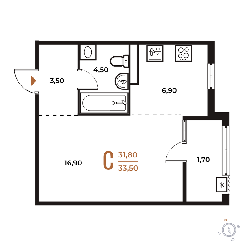 Студия 33,5 м²