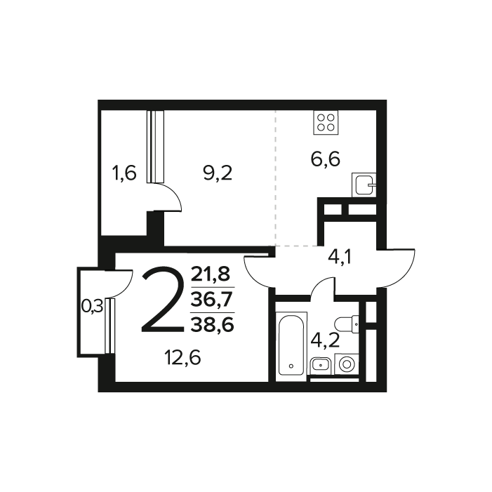 2 ккв (Евро) 38,6 м²