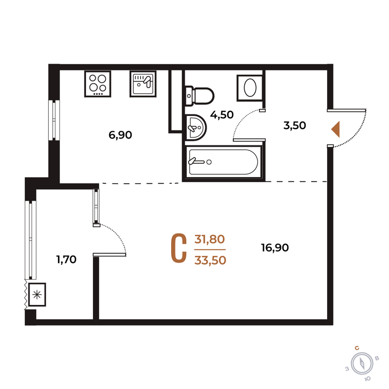 Студия 33,5 м²