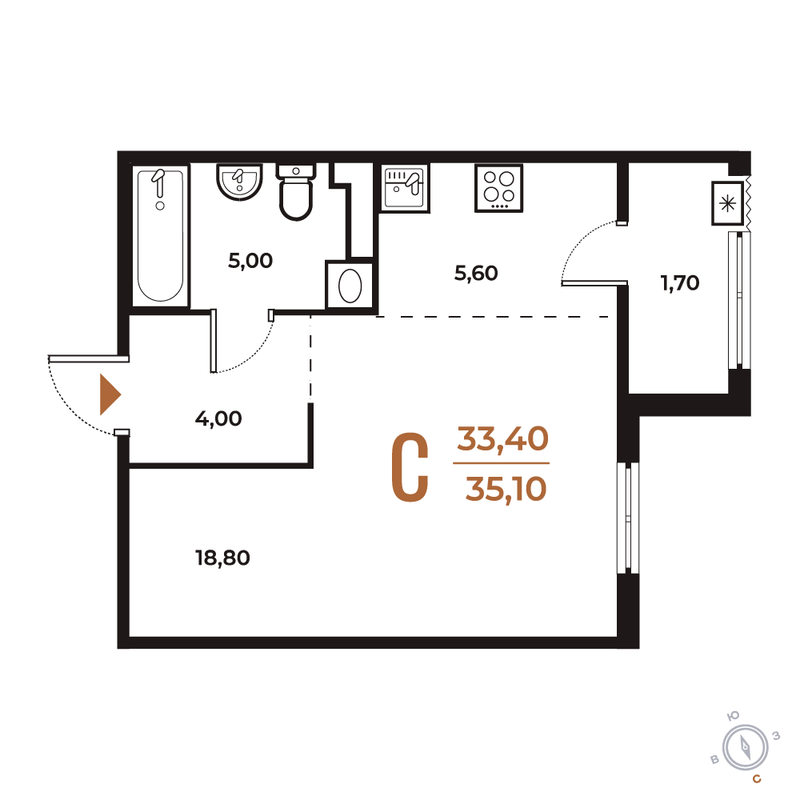 Студия 35,1 м²
