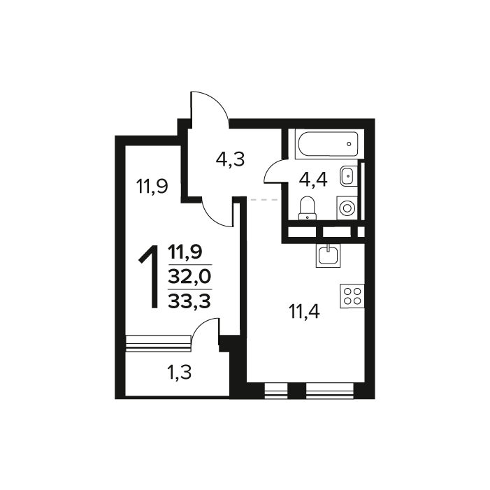 1 ккв 33,3 м²