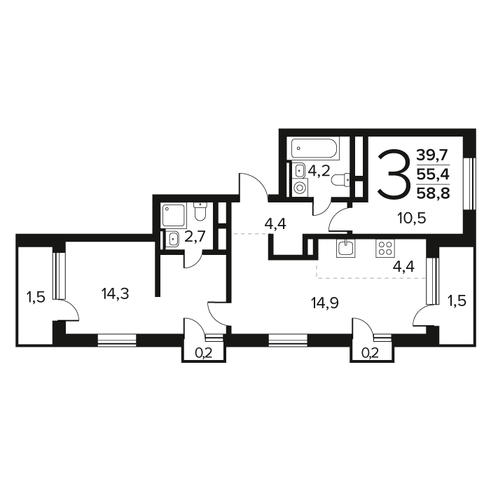 3 ккв (Евро) 58,8 м²