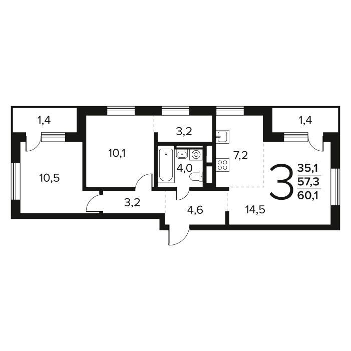 3 ккв (Евро) 60,1 м²