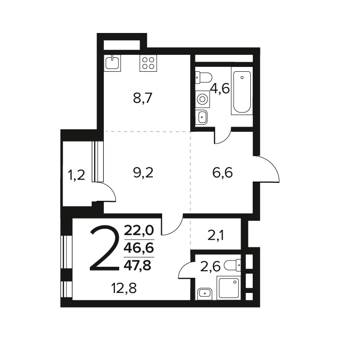 2 ккв (Евро) 47,8 м²