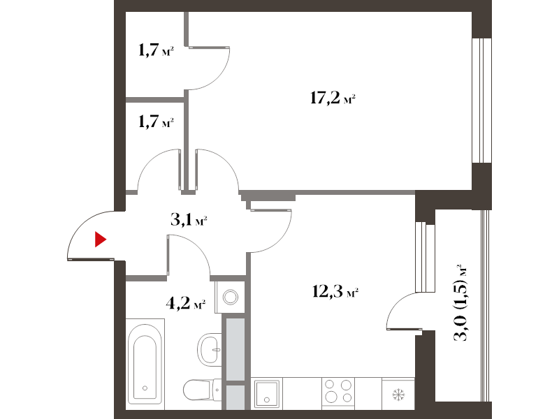 1 ккв 42 м²