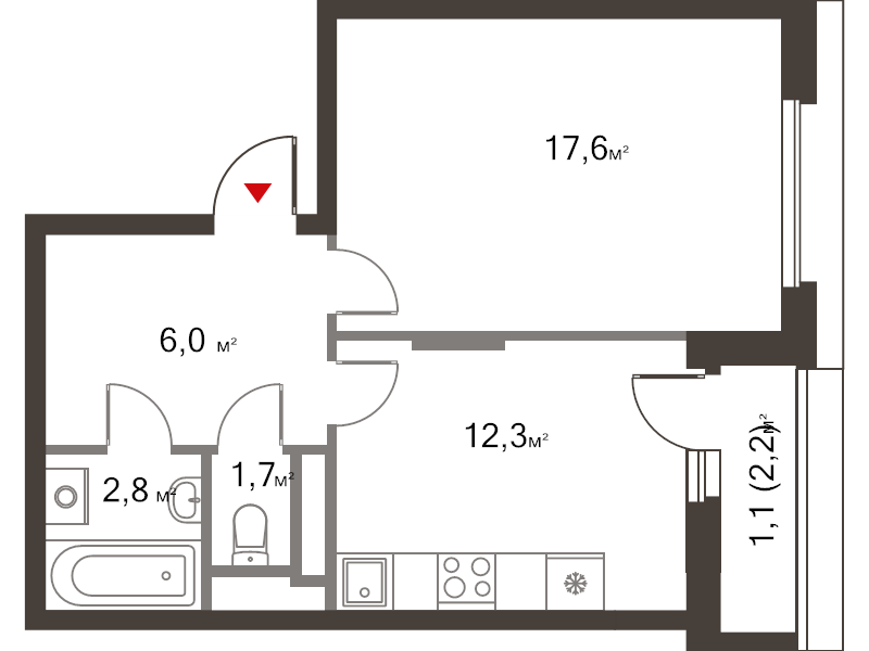 1 ккв 42 м²