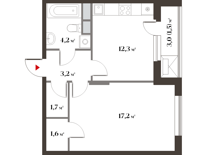 1 ккв 42,1 м²