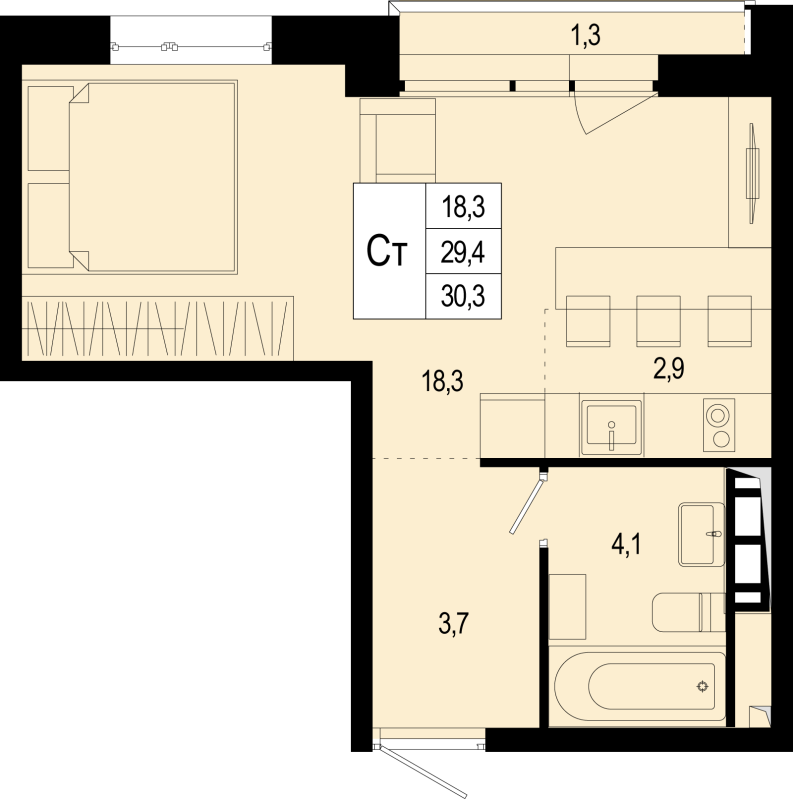 Студия 29,4 м²