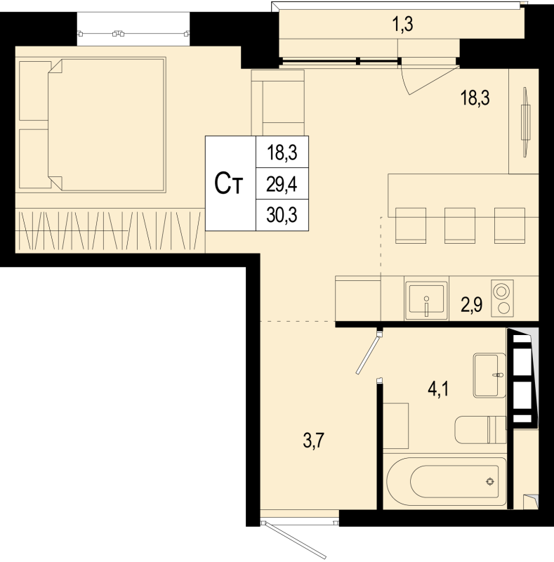 Студия 29,4 м²