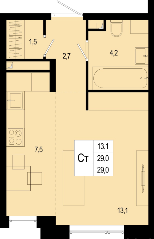 Студия 29 м²