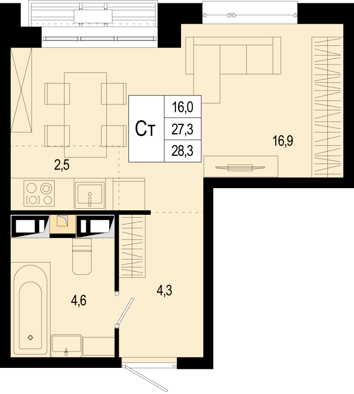 Студия 28,3 м²