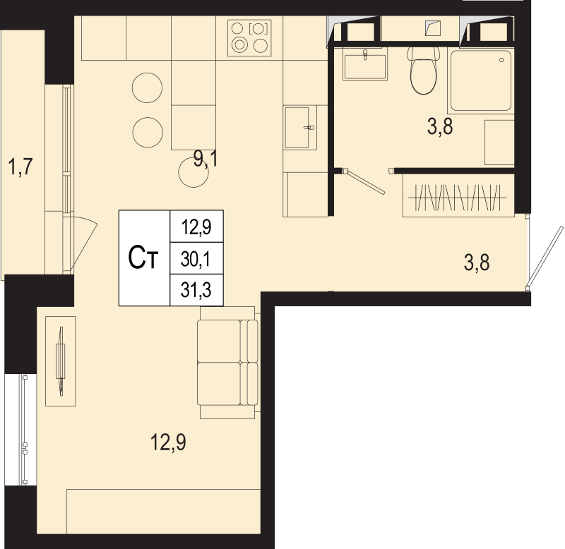 Студия 30,1 м²