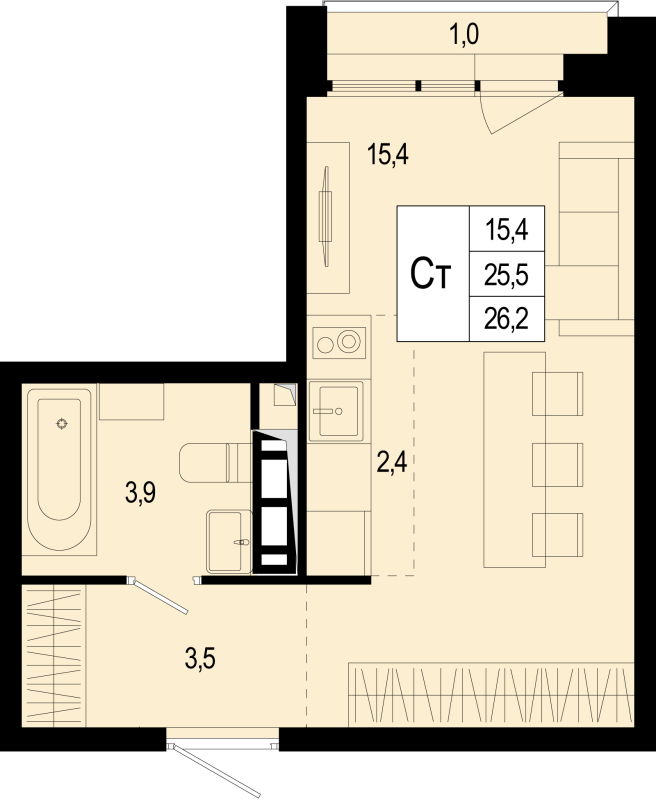 Студия 25,5 м²