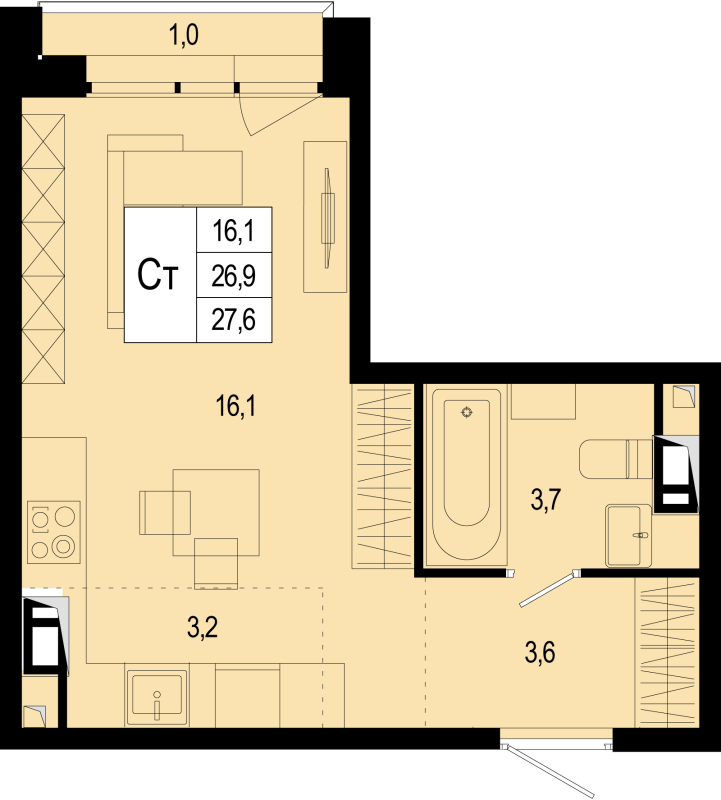 Студия 26,9 м²