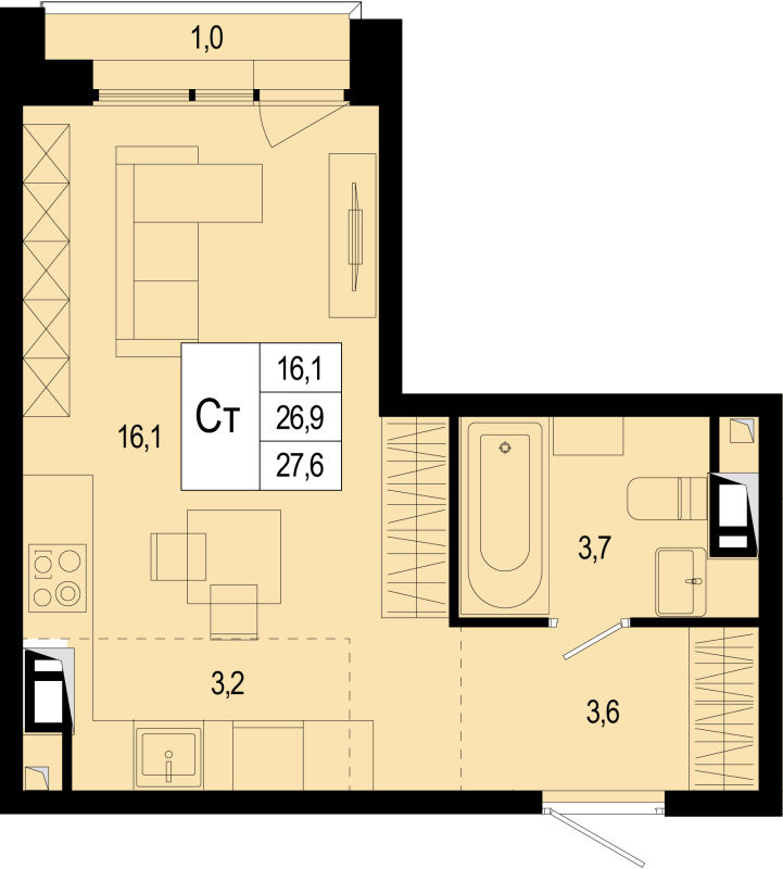 Студия 26,9 м²