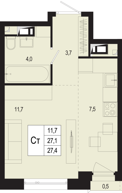 Студия 27,1 м²