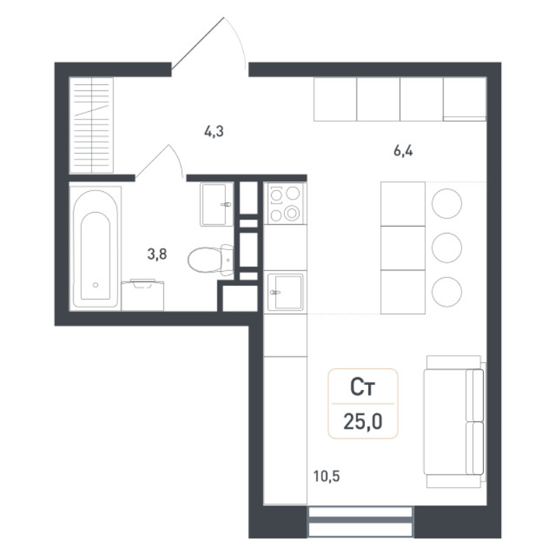 Студия 25,4 м²