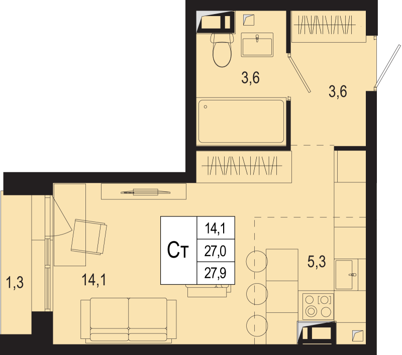 Студия 27 м²