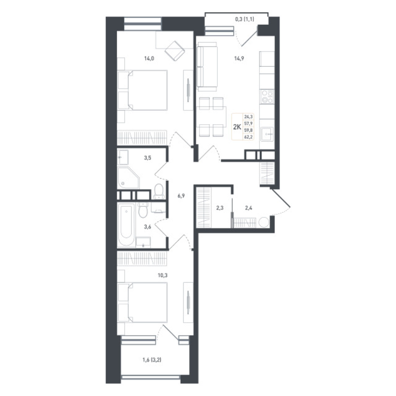 3 ккв (Евро) 62,8 м²