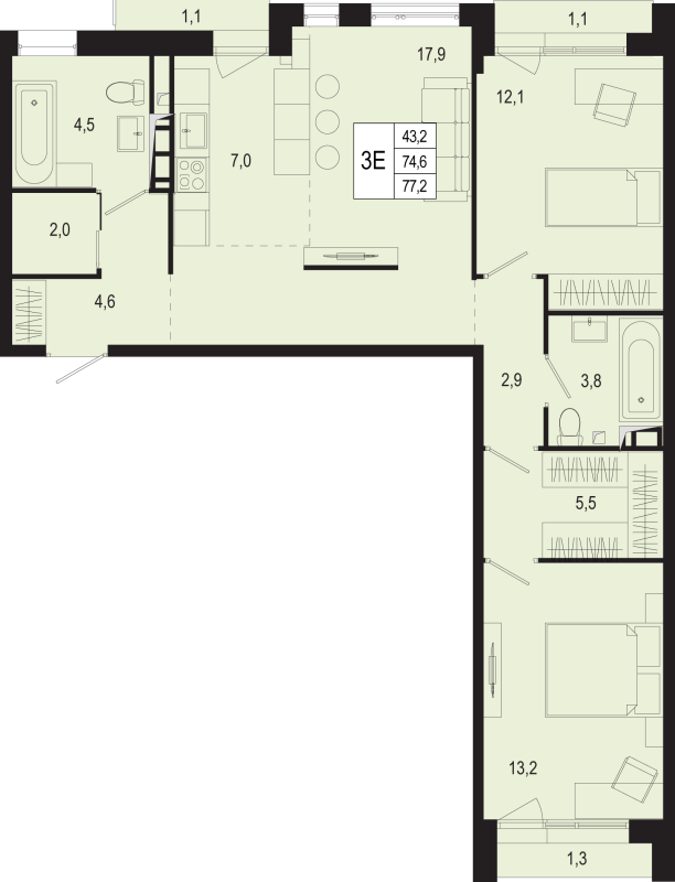 3 ккв (Евро) 74,5 м²