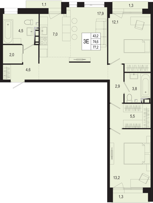 3 ккв (Евро) 74,6 м²
