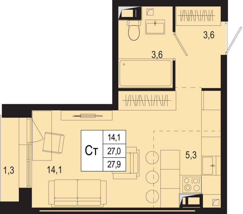 Студия 27 м²