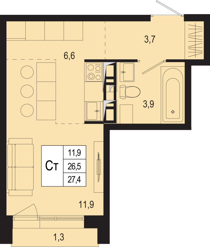 Студия 26,5 м²