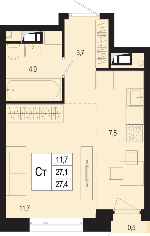 Студия 27,1 м²