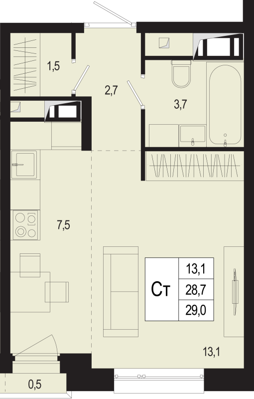 Студия 28,7 м²