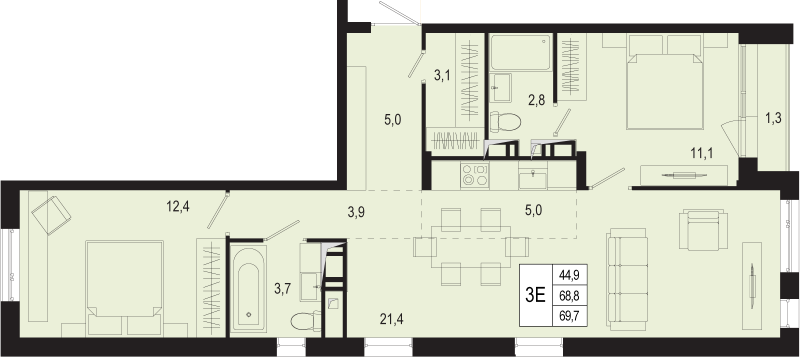 3 ккв (Евро) 68,8 м²