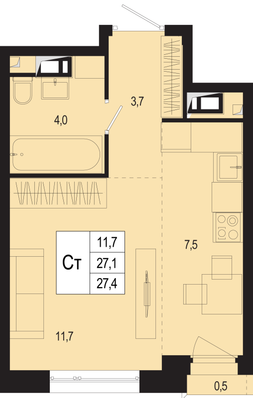 Студия 27,1 м²
