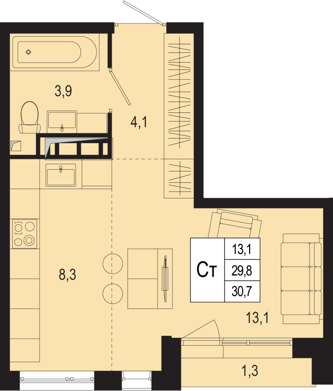 Студия 29,8 м²