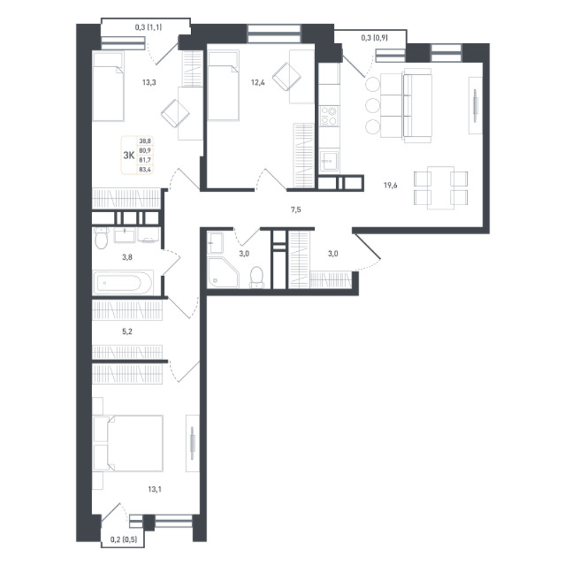 4 ккв (Евро) 86,7 м²