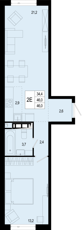 2 ккв (Евро) 46 м²